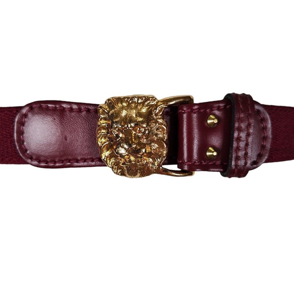 Vintage Anne Klein Gold Tone Lion Head Belt Size L Red Stretch Elastic